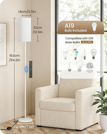 64.2'' Dimmable Floor Lamp for Living Room with Remote and Foot Switch, Corner Floor Lamp for Bedroom, Includes 10W A19 Bulb, Modern Standing Tall Lamp, ETL Listed, White WCW17LD05