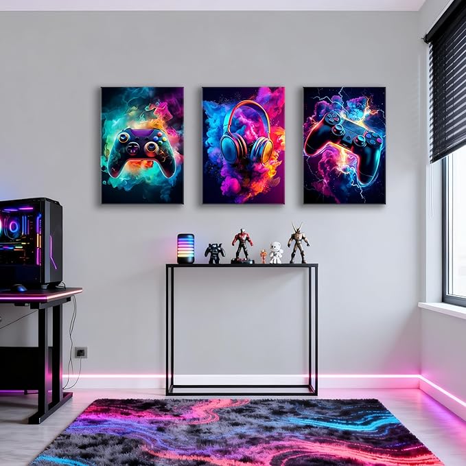 WENGTIAO 3Pcs Framed Gaming Canvas Wall Art Prints Cool Video Gamer Painting Neon Gamepad Headphones Posters Colorful Game Controller Pictures Esports Artwork for Teen Boys Bedroom Play Room 20x28in