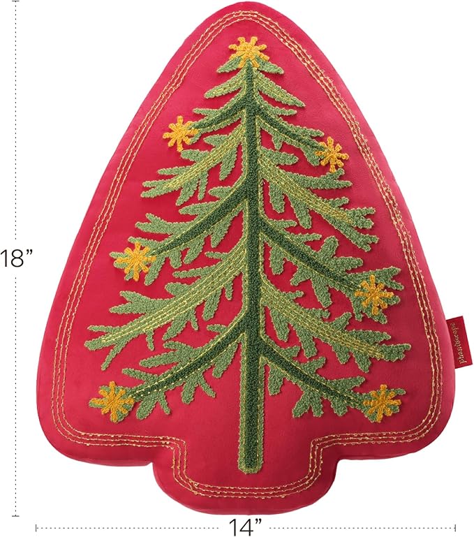 Phantoscope Merry Christmas Tree Decorative Throw Pillow, Velvet Beads Embroidery 3D Shaped Cushion, Suitable for Sofas, Living Rooms, and Beds, Red, 18 x 14 in