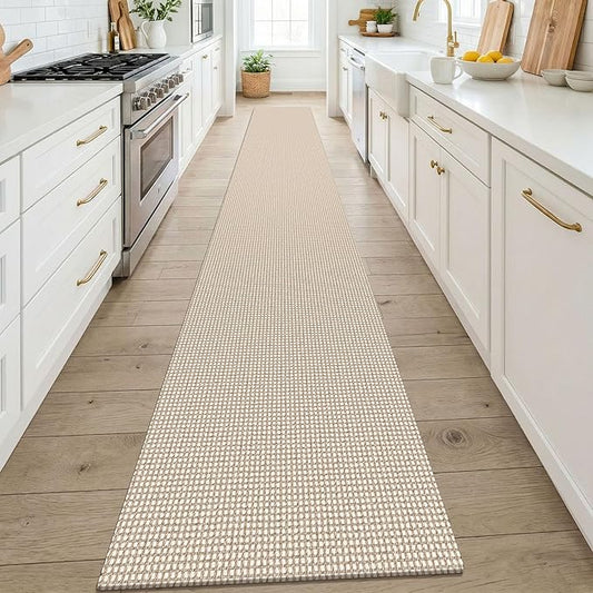KOZYFLY Cotton 2x14 Runners Rugs for Hallway, Long Washable Runner Rug, Woven Non Slip Kitchen Runner, Flatweave Entryway Rug, Floor Carpet for Entry, Aisle, Hall, Ivory/Camel/Brown