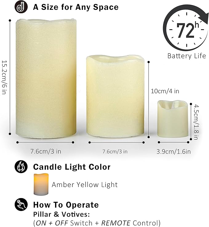 FURORA LIGHTING Ivory Flameless Candles - Real Wax, Adjustable Brightness, Remote & Timer - 4 Pillars (3x4, 3x6) and 4 Votives, 8-Pack, Battery Operated