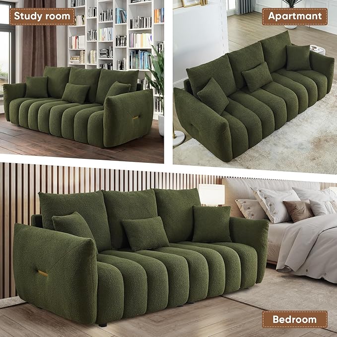 Antetek 78" Modern Sofa Couch, Comfy Deep Seat Teddy Cloud Sofa, Upholstered 3-Seater Boucle Couch, Oversized Loveseat for Living Room, Bedroom, Office, Apartment, Green