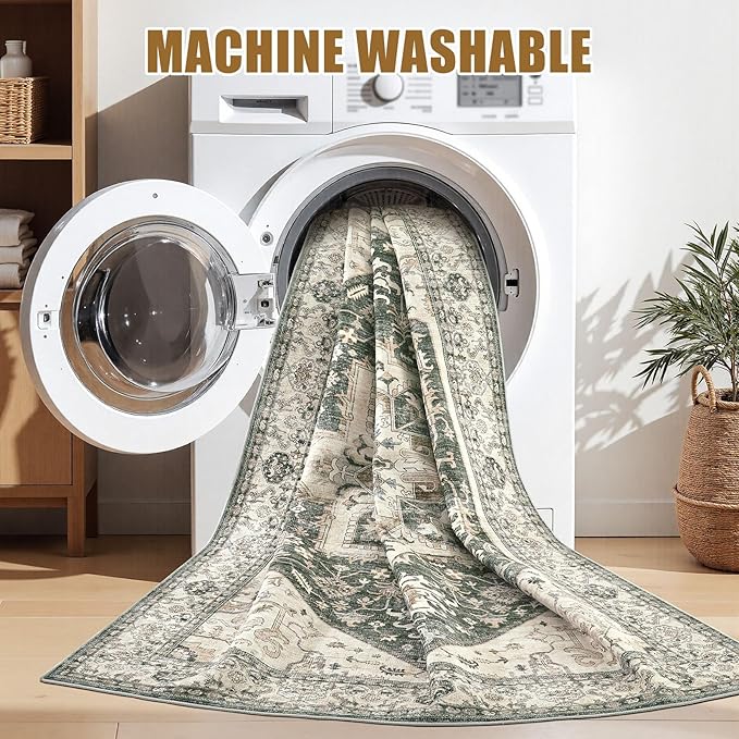 9x12 Area Rugs for Living Room - Large Carpet Ultra Thin Soft Washable Oriental Vintage Floral Distressed Rug Big Indoor Carpets for Bedroom Nursery Dorm Home Decor Aesthetic - Vintage Green