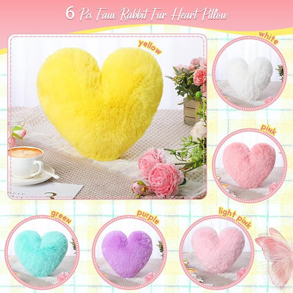 Liliful 6 Pcs Faux Rabbit Fur Heart Pillows Fluffy Heart Throw Pillows Cute Couch Cushion Soft Decorative Throw Cushion for Bed Sofa Girls Women(12 x 11 Inch,Light Color)