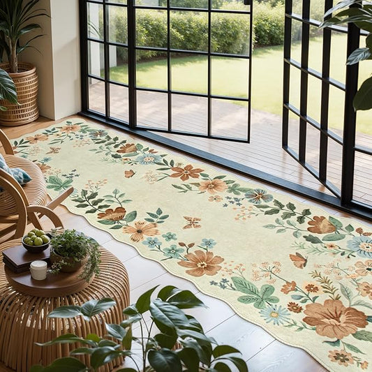 Lahome Floral Washable Runner Rug, 2'6''x8' Soft Hallway Rug Non Slip, Boho Ultra-Thin Kitchen Runners for Hallways with Rubber Backing Carpet for Laundry Bedroom Bathroom Flore (Beige)