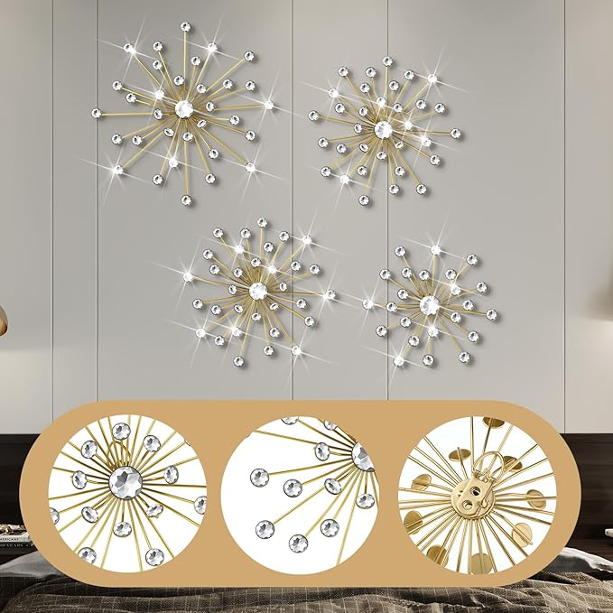 Funnymoom 4 Pcs Gold Starburst Wall Decor Metal Bling Wall Art Gold Crystal Sparkling Rhinestones Bling Decorative Hanging Diamond for Living Room Bedroom Home Office