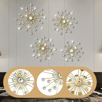 Funnymoom 4 Pcs Gold Starburst Wall Decor Metal Bling Wall Art Gold Crystal Sparkling Rhinestones Bling Decorative Hanging Diamond for Living Room Bedroom Home Office