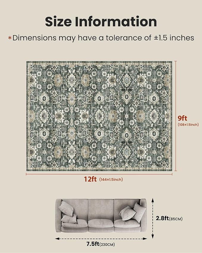 AMADA HOMEFURNISHING 9x12 Washable Area Rug, Low-Profile Large Area Rug with Non-Slip Backing & Durable Edge Binding, Vintage Large Rugs for Living Room, Bedroom & Dining Room