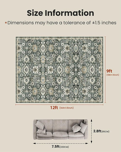 AMADA HOMEFURNISHING 9x12 Washable Area Rug, Low-Profile Large Area Rug with Non-Slip Backing & Durable Edge Binding, Vintage Large Rugs for Living Room, Bedroom & Dining Room