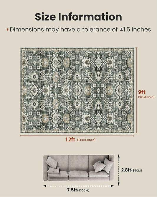 AMADA HOMEFURNISHING 9x12 Washable Area Rug, Low-Profile Large Area Rug with Non-Slip Backing & Durable Edge Binding, Vintage Large Rugs for Living Room, Bedroom & Dining Room