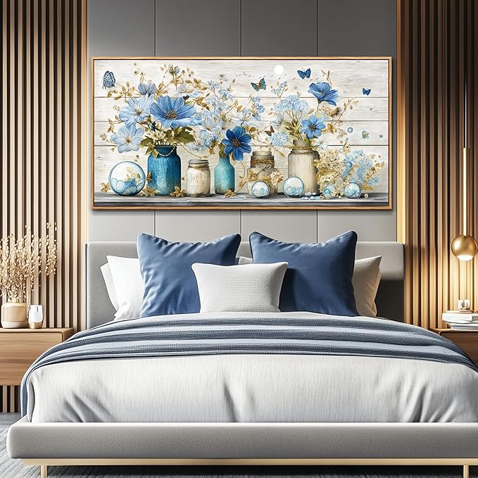 Wapluam Large Framed Wall Art,Retro Rustic Pictures Wall Decor,Floral Wall Art Bedroom,Blue Flowers Painting Prints,Farmhouse Canvas Artwork for Living Room Bathroom Kitchen Hallway Home Office 30x60