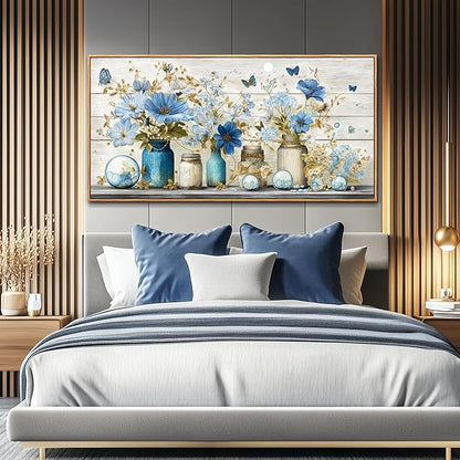 Wapluam Large Framed Wall Art,Retro Rustic Pictures Wall Decor,Floral Wall Art Bedroom,Blue Flowers Painting Prints,Farmhouse Canvas Artwork for Living Room Bathroom Kitchen Hallway Home Office 30x60