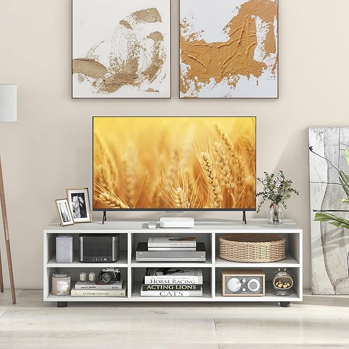 Tangkula White TV Stand for TV up to 55 Inch, TV Console Table with 6 Cubbies, 5 Positions Adjustable Shelves, Wood Media Entertainment Center for Living Room (Modern, 45", TVs up to 55")