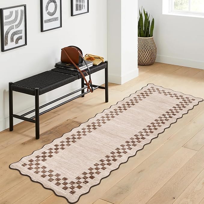 Washable Runner Rug 2x10 Modern Bordered Hallway Runner Rug Non Slip Kitchen Throw Carpet Checkered Bathroom Entryway Runner Rugs Low Pile Solid Area Rugs for Living Room Bedroom Nursery Sink, Beige