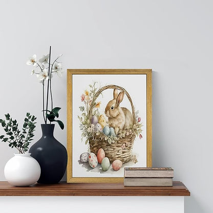 Easter Bunny Wall Art, Vintage Easter Bunny Eggs Poster Print Wall Decor, Holiday Home Canvas Decor Painting 12x16 Inch Wood Framed
