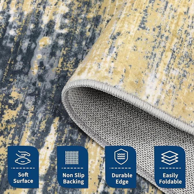 ROYHOME Washable Rug 5x7 Abstract Area Rug for Living Room, Non Slip Foldable Soft Rugs for Bedroom, Stain Resistant Rugs Modern Fuzzy Rug, Indoor Carpet for Entryway Home, Yellow/Black