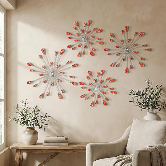 ZEXUIRU 4 Pcs Red Starburst Wall Decor Metal Bling Wall Art Crystal Accents 3D Modern Decoration Glam Hanging Sculptures for Living Room Bedroom Office Teen Girl Room – Easy to Hang Home Decor Set