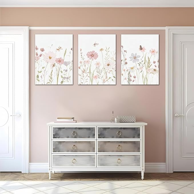 Yxjyzzkx Floral Canvas Wall Art Set of 3, Botanical Triptych Canvas Prints Wall Decor, Soft Pastel Flower Painting for Living Room Bedroom Bathroom, Waterproof Fade Resistant, 16x12 Inch Each