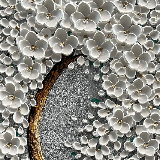 100% Hand-Painted 3D White Vertical Abstract Flower Tree Painting, Canvas Texture Mural, Living Room, Bedroom, Dining Room Mural 24x48 inchs