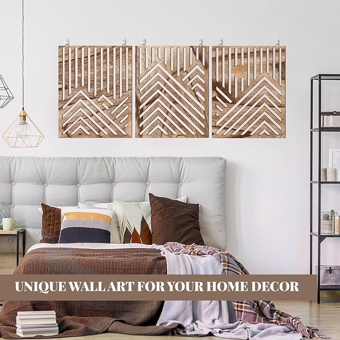 3pcs Wooden Wall Art, Mountain Decor Single Line Minimalist Decors Mountain Wall Art, Abstract Mountain Line Wood Wall Decor Hanging for Living Room Bedroom Bathroom Home Decors (Walnut Brown)