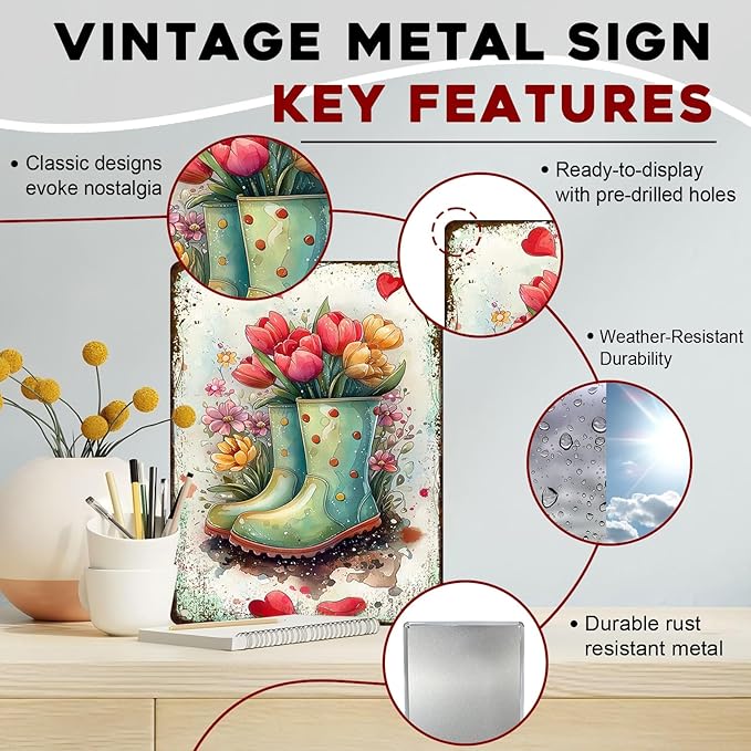 Garden Vintage Metal Sign Watercolor Flower Shoes Wall Art Rustic Metal Plaque for Home Yard Gate Garage Garden Decoration 12x16inch