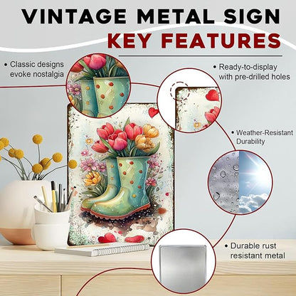 Garden Vintage Metal Sign Watercolor Flower Shoes Wall Art Rustic Metal Plaque for Home Yard Gate Garage Garden Decoration 12x16inch