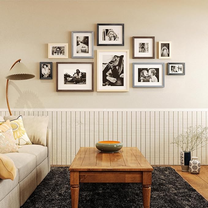 Egofine 8x8 Picture Frame Set of 4 Multicolor Solid Wood Frames Covered by Plexiglass, Display 4x4/6x6 Photo with Mat, Gallery Wall Picture Frames for Tabletop or Wall Mounting, Mixed Colors