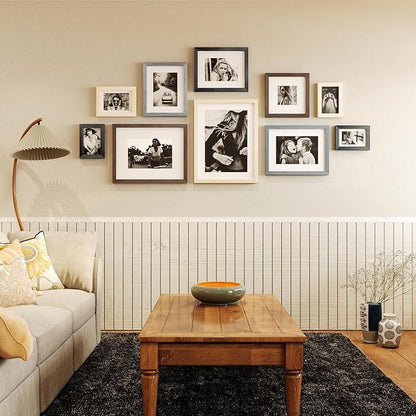 Egofine 8x8 Picture Frame Set of 4 Multicolor Solid Wood Frames Covered by Plexiglass, Display 4x4/6x6 Photo with Mat, Gallery Wall Picture Frames for Tabletop or Wall Mounting, Mixed Colors