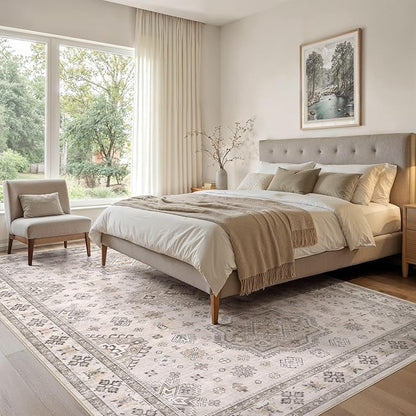 EIEIHOUSE Washable Area Rugs for Living Room -8x10 Neutral Vintage Distressed Floral Farmhouse Boho Large Soft Floor Rug Indoor Non Slip Carpet for Living Room Bedroom Dining Room Office -Beige Brown