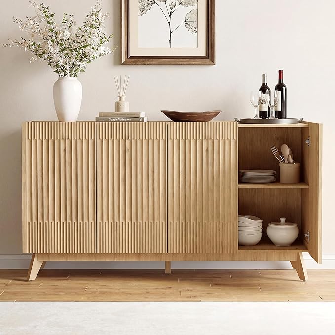 Fatmok Large Sideboard Buffet Cabinet with Storage, 65" Modern Fluted Credenza Buffet Table Coffee Bar Storage Cabinet with Doors & Adjustable Shelves for Living Room Kitchen Dining Room(Natural Oak)