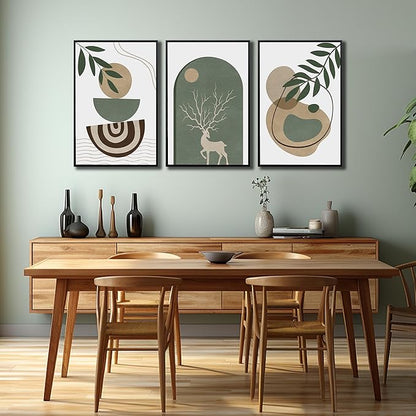 Framed Sage Green Boho Wall Art Set of 3, Minimalist Abstract Geometric Deer & Plant Illustrations, Bohemian Pictures Print Artwork Painting Wall Decor for Living Room Bedroom Home Decoration 24"x36"