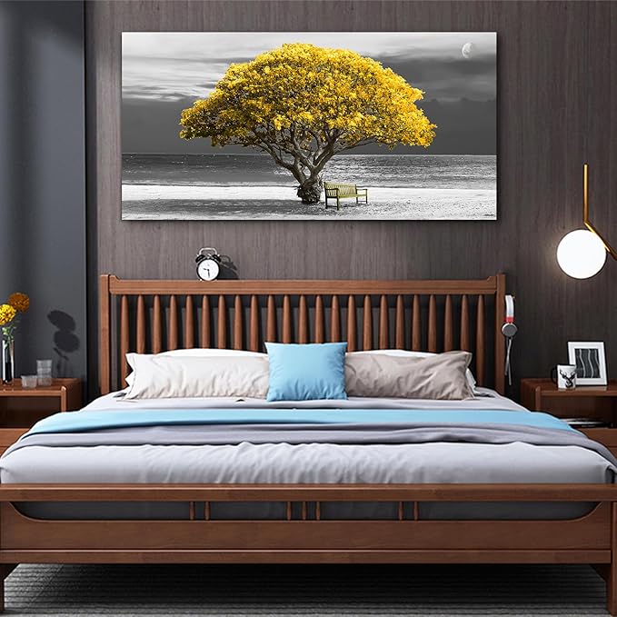 wall art for living room Decorations Photo Prints - panoramic black and white with yellow trees The moon scenery - Modern Home Decor The room Stretched and Framed Ready to Hang artwork 24X48inches