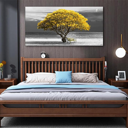 wall art for living room Decorations Photo Prints - panoramic black and white with yellow trees The moon scenery - Modern Home Decor The room Stretched and Framed Ready to Hang artwork 24X48inches