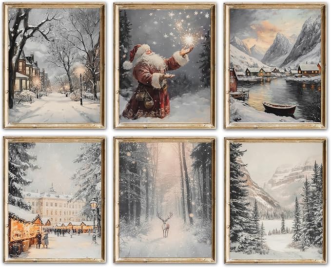 Vintage Christmas Wall Art Prints – Winter Holiday Posters with Santa, Snowy Village, Reindeer & Forest Scene, Rustic Christmas Decorations for Living Room, Bedroom & Fireplace – 8×10 Unframed