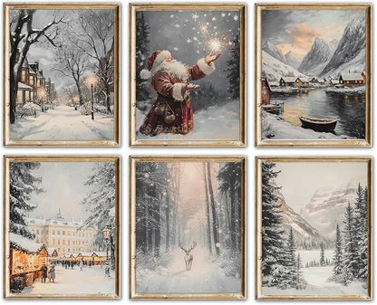 Vintage Christmas Wall Art Prints – Winter Holiday Posters with Santa, Snowy Village, Reindeer & Forest Scene, Rustic Christmas Decorations for Living Room, Bedroom & Fireplace – 8×10 Unframed