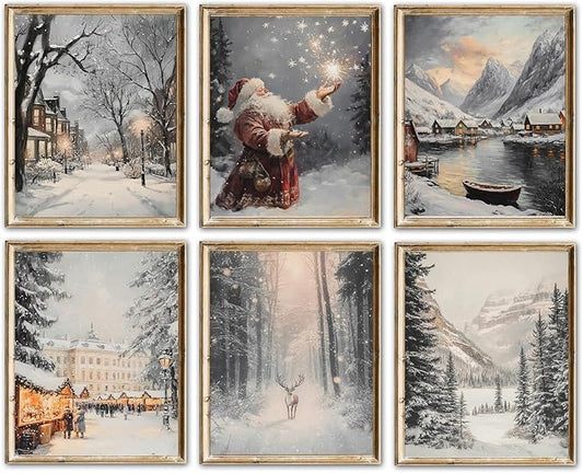 Vintage Christmas Wall Art Prints – Winter Holiday Posters with Santa, Snowy Village, Reindeer & Forest Scene, Rustic Christmas Decorations for Living Room, Bedroom & Fireplace – 8×10 Unframed