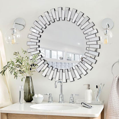 Chende Round Mirrors for Decor, 44'' Large Decorative Wall Mirror with 3D Frame Beveled Glass, Frameless Circle Mirror for Living Room, Dining Room, Bathroom, Entryway, Bedroom