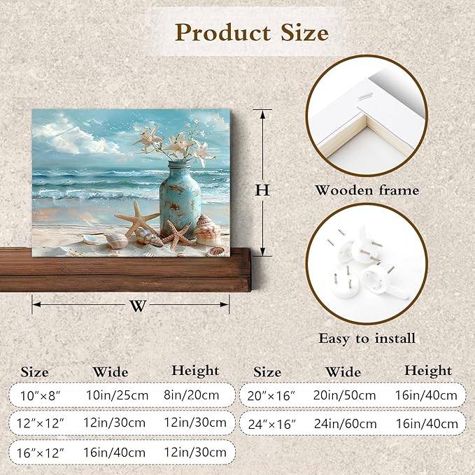 LB Beach Coastal Wall Art Starfish with White Flower in Vintage Vase on Teal Canvas Wall Art Beach Scene Canvas Wall Art Decor for Living Room Bedroom Bathroom Office Framed Ready to Hang 16L x 24W