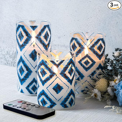 Eywamage Blue Geometric Flameless Candles in Glass Jars, Flickering Battery LED Pillar Candles with Remote Set of 3