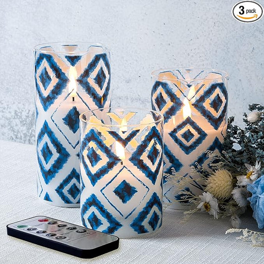 Eywamage Blue Geometric Flameless Candles in Glass Jars, Flickering Battery LED Pillar Candles with Remote Set of 3