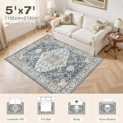 5x7 Washable Area Rugs for Living Room: Non Slip Vintage Blue Yellow Rug, Large Soft Stain Resistant Indoor Floor Carpets for Bedroom Dining Room Nursery Home Office Kid & Pet Friendly