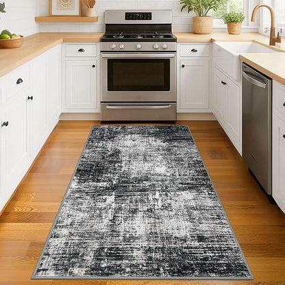 KILOCOCO Abstract Area Rug 3x5 Entryway Rug Washable Kitchen Rugs Non Slip Soft Pinted Entrance Rugs Indoor Mat for Front Door Foyer Farmhouse Living Room Floor Carpet, Black/Grey