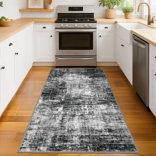 KILOCOCO Abstract Area Rug 3x5 Entryway Rug Washable Kitchen Rugs Non Slip Soft Pinted Entrance Rugs Indoor Mat for Front Door Foyer Farmhouse Living Room Floor Carpet, Black/Grey