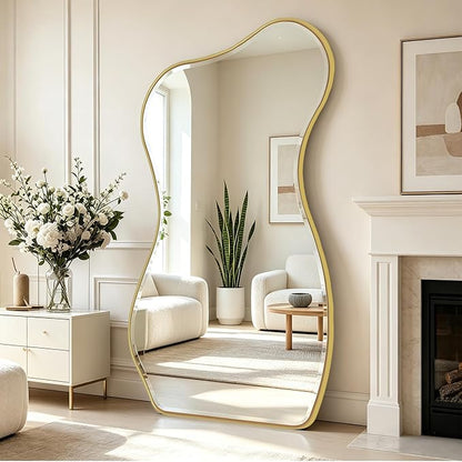 POZINO Irregular Beveled Mirror Full Length, 66.8"x33.5" Asymmetrical Aesthetic Wall Mirror with Metal Frame, Premium Organic Floor Mirrors for Living Room Entryway Cloakroom, Leaning/Wall-Mount