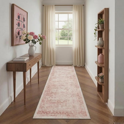 GENIMO 6x9 Area Rugs for Living Room, Machine Washable Non Slip Vintage Rugs, Low Pile Lightweight Chenille Print Rug for Bedroom, Dining Room, Home Office, Pink