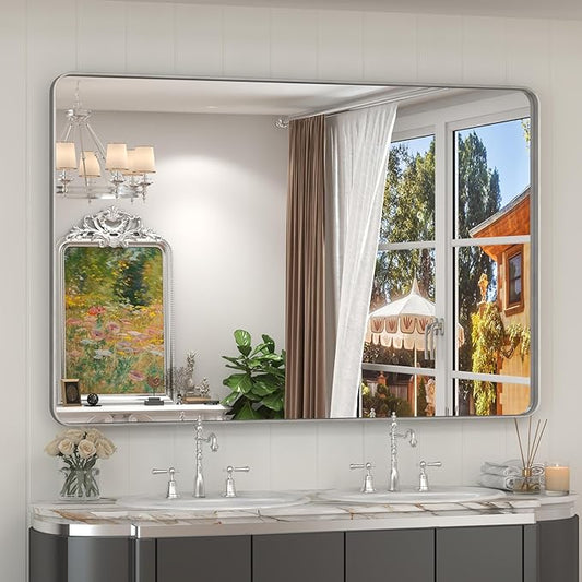 48x32 Inch Brushed Nickel Bathroom Mirror, Brushed Silver Metal Framed Wall Mirror, Rounded Corner Rectangle Modern Vanity Mirror, Tempered Glass, Anti-Rust, Shatterproof (Horizontal/Vertical)