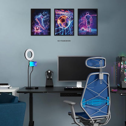 BGFCE Cool Soccer Gaming Wall Art Posters Set of 3, Neon Video Gamer Canvas Pictures, Colorful Soccer Game Painting Prints for Boys Room, Gaming Room Decor for Kids Gamer Room 16x24 inch Unframed