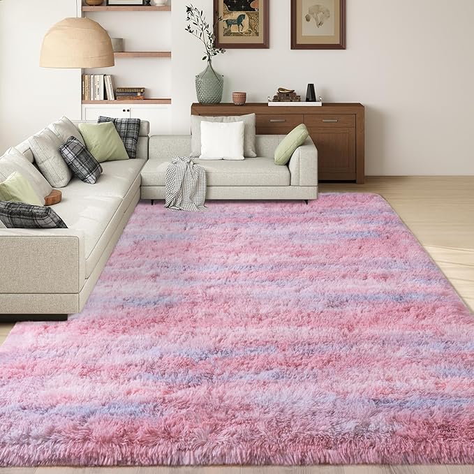 Shag Rugs for Living Room 9x12, Ultra Soft Abstract Pink Big Fuzzy Rugs for Bedroom, 9 x 12 Fluffy Shaggy Plush Carpet Girls Kids Room Dorm Upgrade Non-Slip