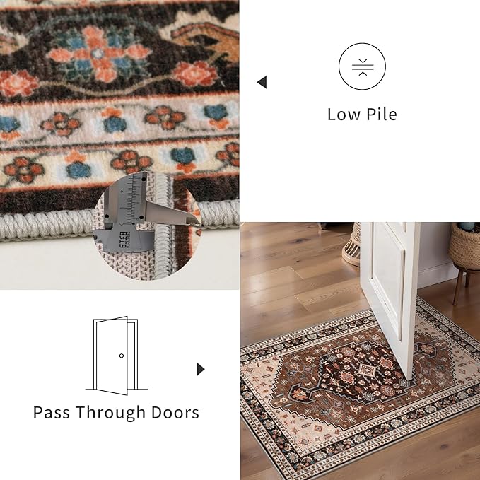 Tangsoo 2.6x10 Runner Rug for Hallways,Washable Non Slip Vintage Kitchen Runner Rug,Boho Red Blue Soft Print Distressed Low Pile Long Floor Carpet for Bedroom Bathroom Laundry Room
