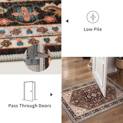 Tangsoo Vintage 2x6 Washable Runner Rug for Hallways,Non-Slip Rubber Backing Mat,Brown Beige Non-Slip Low Pile Long Rug Runner Carpet for Kitchen Bedroom Entryway Laundry
